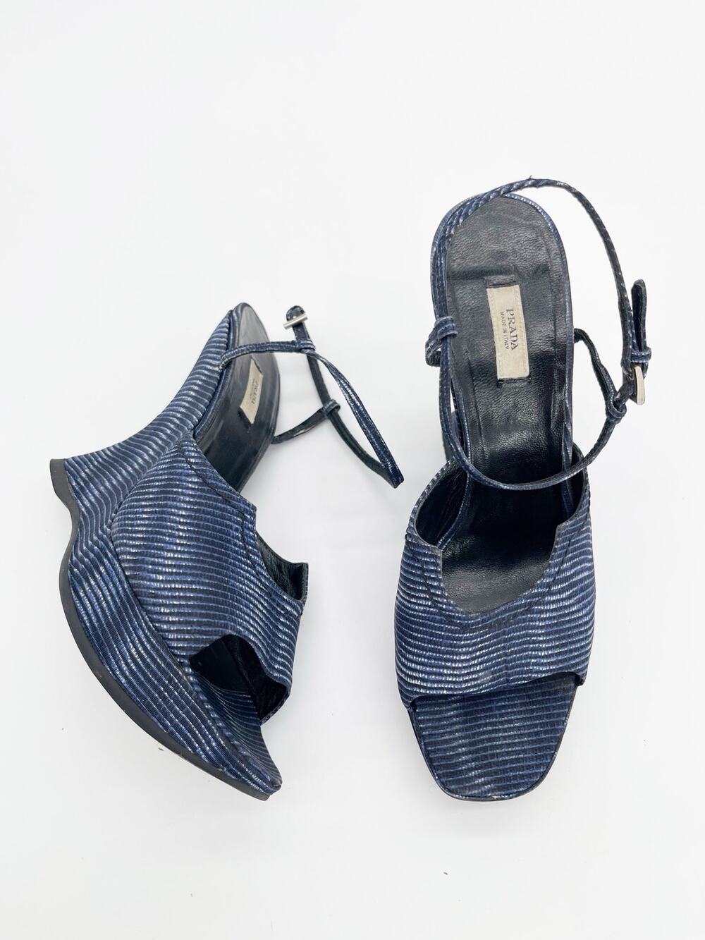 Prada Vintage Fall 2004 Runway Blue Wavy Striped Platform Wedge Sandals IT 38.5